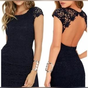 Harper Navy Blue Crochet Lace Open Back Dress Small, Fitted Mini Dress